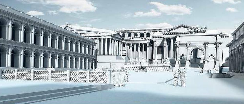 Zwei Ansichten des Forum Romanum, die obere zeigt den heutigen Zustand, die untere eine Rekonstruktion des antiken Zustands.