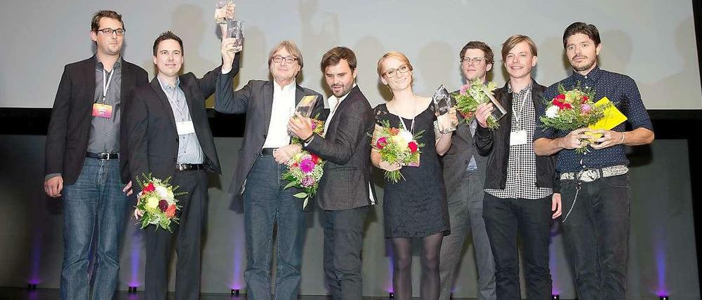 Die Preisträger der First Steps Awards: Sebastian Cordes (l-r), Pascal Flörks, Heinz Badewitz, Stefan Bohun,Julia Hönemann, Maximilan Haslberger, Andreas Bruns und Damian John Harper.