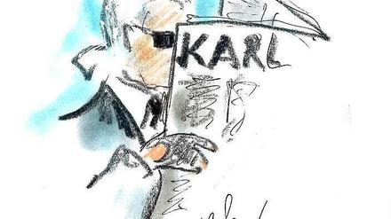 Karl Lagerfeld zeichnete sich bei seiner Lieblingsbeschäftigung, dem Zeitungslesen.