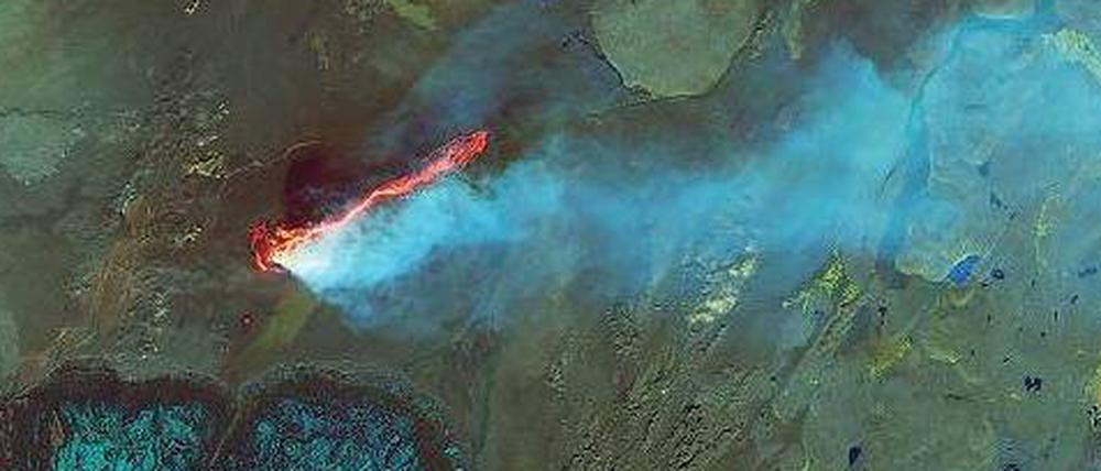 Noch nicht explosiv. Ein Satellitenbild zeigt das 25 Quadratkilometer große Lavafeld des Vulkans Bárdarbunga.