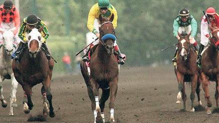 Einer von 12 366. Der US-amerikanische Jockey Russell Baze (Mitte) galoppiert zu einem seiner zahlreichen Siege. Foto: Imago