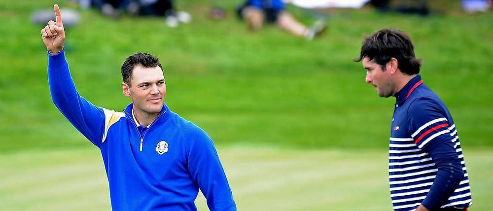 Ein deutscher Punkt für Europa. Martin Kaymer bejubelt seinen Sieg im Einzel gegen seinen US-Kontrahenten Bubba Watson.