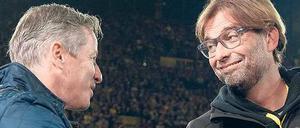 Mienenspiel. Von Dortmunds Jürgen Klopp (r.) und Schalkes Jens Keller waren in dieser Saison oft lange Gesichter zu sehen. An diesem Samstag könnte einer von beiden gut lachen haben.