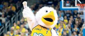 Party mit Federvieh. Der Albatros, Maskottchen der Berliner Basketballer, feiert seinen Geburtstag. 