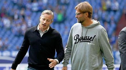 Sieger und Besiegter: Jens Keller (l., Sieger, Siegmund in vorübergehendem Ruhestand) und Jürgen Klopp (r., Besiegter, Messias im Amt).
