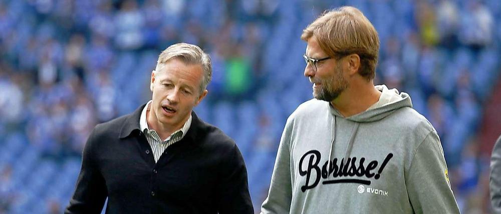 Sieger und Besiegter: Jens Keller (l., Sieger, Siegmund in vorübergehendem Ruhestand) und Jürgen Klopp (r., Besiegter, Messias im Amt).