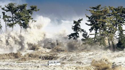 Tödliche Wassermassen. Um vor Tsunamis wie 2011 in Japan künftig warnen zu können, müssen nicht nur Erdbeben, sondern auch Erdrutsche einbezogen werden. Foto: AFP/Jiji