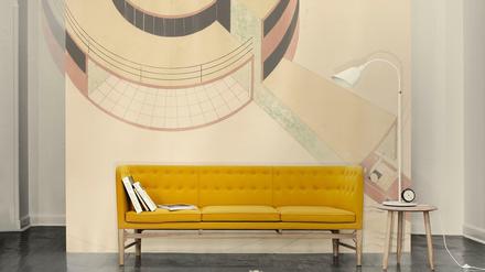 Nach 80 Jahren erlebt das "Mayor Sofa" von Arne Jacobsen aus dem Jahr 1939 neue Wertschätzung und wurde 2013 als beste Reedition ausgezeichnet. Auf dem Foto im Hintergrund eine Zeichnung von Flemming Lassen für das Zukunftshaus 1927.