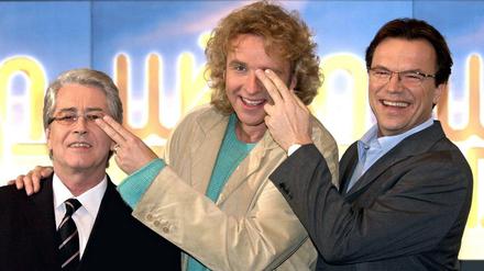 Bei früheren "Wetten,dass..?"-Jubiläen gerne dabei: Frank Elstner (links), Thomas Gottschalk (Mitte) und Wolfgang Lippert