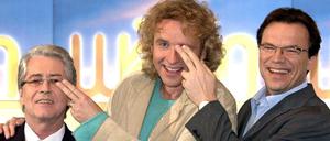 Bei früheren "Wetten,dass..?"-Jubiläen gerne dabei: Frank Elstner (links), Thomas Gottschalk (Mitte) und Wolfgang Lippert