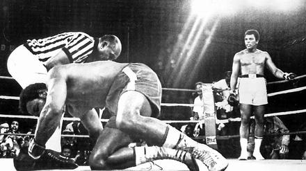 In der achten Runde schickte Muhammad Ali den für unschlagbar gehaltenen George Foreman sensationell zu Boden und holte sich durch K.o.-Sieg den Weltmeistertitel zurück.