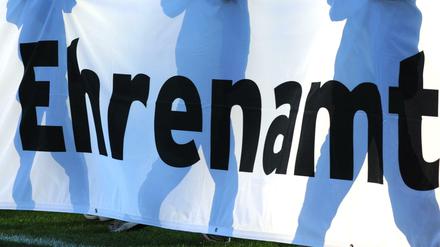 Jugendliche halten in Freiburg vor einem Fußball-Bundesligaspiel ein Banner mit der Aufschrift "Ehrenamt" in den Händen.