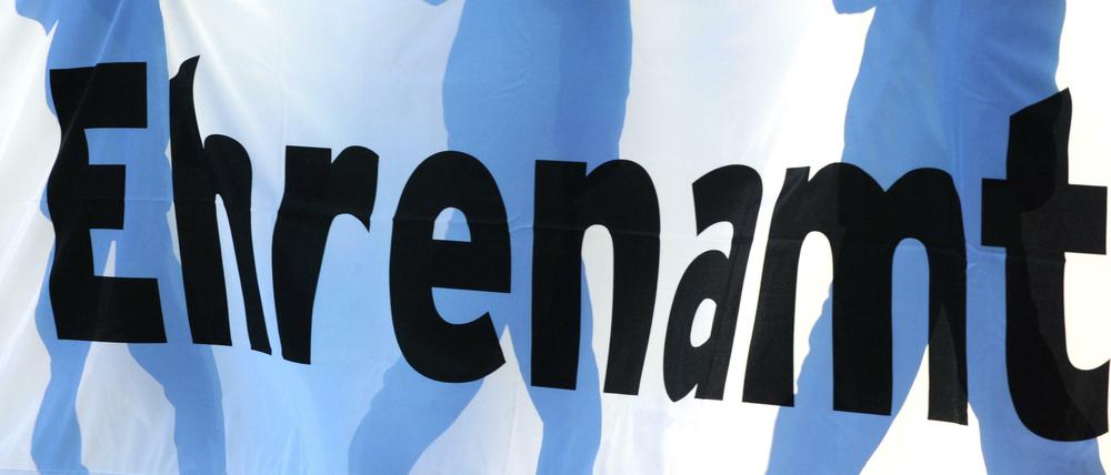 Jugendliche halten in Freiburg vor einem Fußball-Bundesligaspiel ein Banner mit der Aufschrift "Ehrenamt" in den Händen.