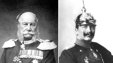 Kaiser-Wilhelm-Bärte. Links das Gesicht von Kaiser Wilhelm I. aus dem Jahr 1884 mit dem üppig gelockten Wangenbart, rechts das Foto von Wilhelm II. mit dem typischen, nach oben gezwirbelten Schnäuzer.