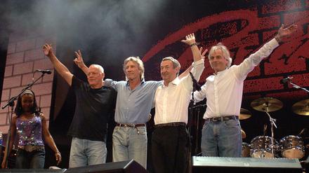 Letzter Auftritt. Pink Floyd mit Gilmour, Waters, Mason und Wright 2005 beim Live 8-Auftritt in London.