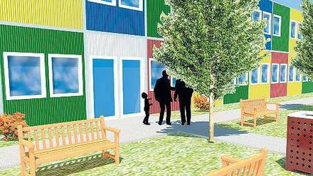 Das Modell eines Containerdorfes, wie es auch für Pankow geplant ist. Doch die Baustelle wurde in der Nacht auf Samstag zweimal angegriffen.