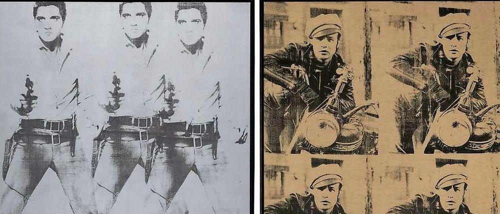 Die Andy Warhol Kunstwerke «Triple Elvis» (1963, links) und «Four Marlon» (1966). Die Westdeutschen Spielbanken wollen die Bilder diesen Mittwoch in New York bei Christie's versteigern lassen und erhoffen sich dafür 100 Millionen Euro. 