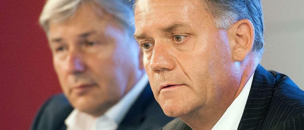 Klaus Wowereit und der damalige BER-Chef Rainer Schwarz bei einer Presskonferenz im August 2008.