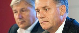 Klaus Wowereit und der damalige BER-Chef Rainer Schwarz bei einer Presskonferenz im August 2008.