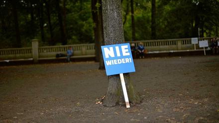 Zu oft allein auf weiter Flur: Ein Schild lehnt einsam am Rande der großen Demonstration gegen Antisemitismus am 14. September in Berlin an einem Baum im Tiergarten. Die Direktorin des American Jewish Committee, Deidre Berger, fordert einen Aktionsplan gegen Antisemitismus.
