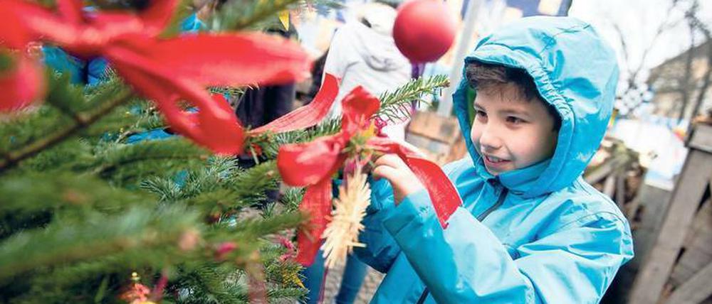 Sterne, Kugeln, Schleifen. Spandauer Schüler schmücken Tannen auf dem Weihnachtsmarkt.