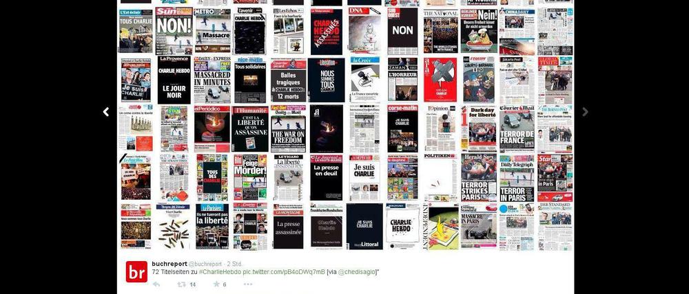 Die Webseite "Buchreport" twitterte eine Zusammenstellung von 72 Titelseiten zum Attentat.