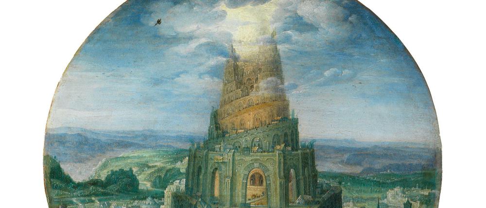 Roelant Savery: Turmbau zu Babel, 1602, Öl auf Kupfer, Durchmesser: 23,4 cm.