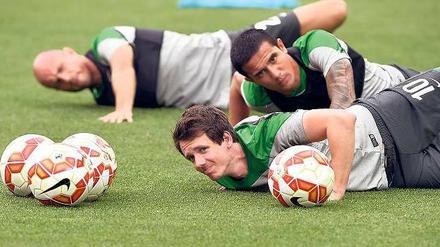 Tief unten in Down Under. Die Australier Mark Bresciano, Robbie Kruse und Tim Cahill (von links) starten an diesem Freitag gegen Kuwait in das Turnier.