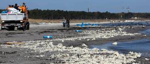 Am Ostseestrand zwischen Juliusruh und Glowe auf der Insel Rügen (Mecklenburg-Vorpommern) liegen am 28.04.2014 große Mengen Paraffin, die von Feuerwehr und THW beseitigt werden.