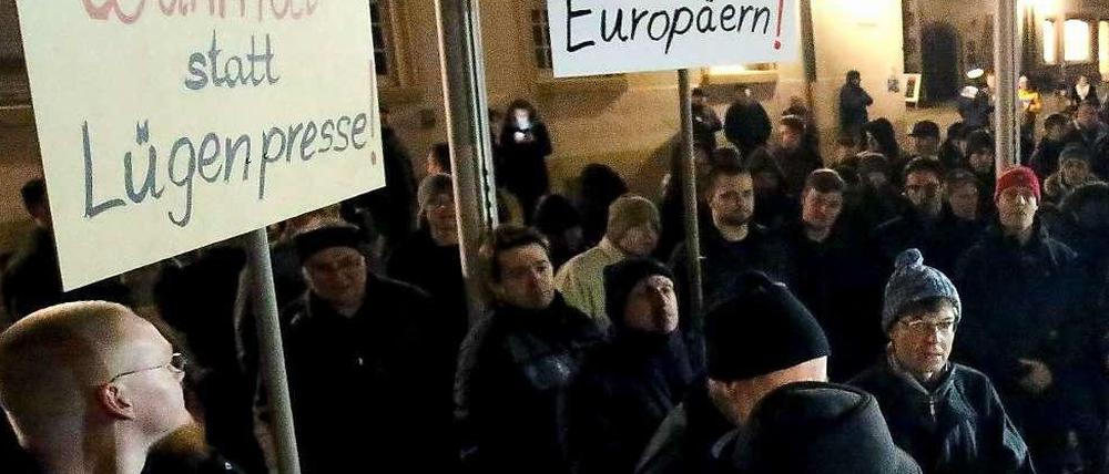 "Lügenpresse" - Unwort des Jahres. Demonstration der "Sbh-Gida" in Villingen-Schwenningen am 12. 1. 2015.