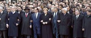 Der republikanische Marsch in Paris am Sonntag mit Francois Hollande, Angela Merkel und anderen Staats- und Regierungschefs.