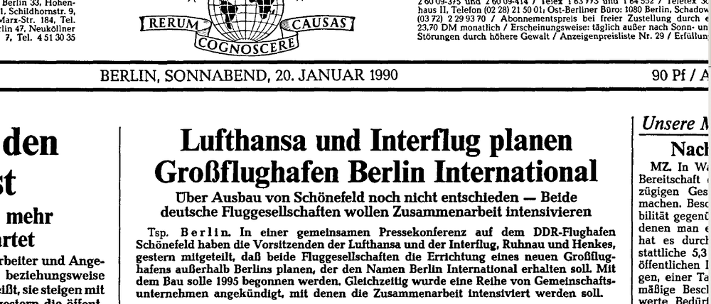 Die Tagesspiegel-Titelseite am 20. Januar 1990. 