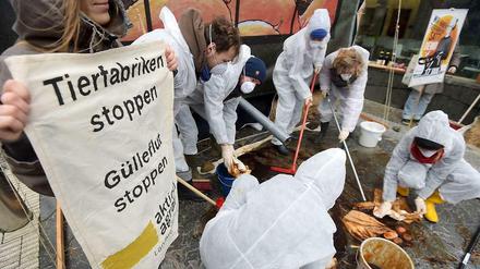 Die derzeit diskutierte Reform der Düngeverordnung reicht diesen Demonstranten vor dem Landwirtschaftsministerium nicht aus. Am 5. Januar machten sie sich an die Arbeit, um dem Gülleüberschuss beizukommen.