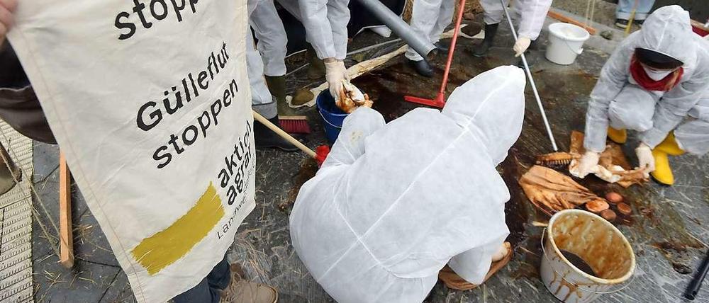 Die derzeit diskutierte Reform der Düngeverordnung reicht diesen Demonstranten vor dem Landwirtschaftsministerium nicht aus. Am 5. Januar machten sie sich an die Arbeit, um dem Gülleüberschuss beizukommen. 