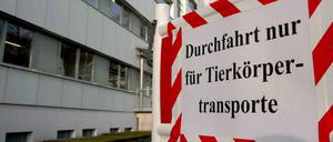 Wegen akuter Seuchengefahr ist die Zufahrt zur Pathologie des Landesamtes für Landwirtschaft, Lebensmittelsicherheit und Fischerei (LALLF) in Rostock (Mecklenburg-Vorpommern) am 14.01.2015 abgesperrt.