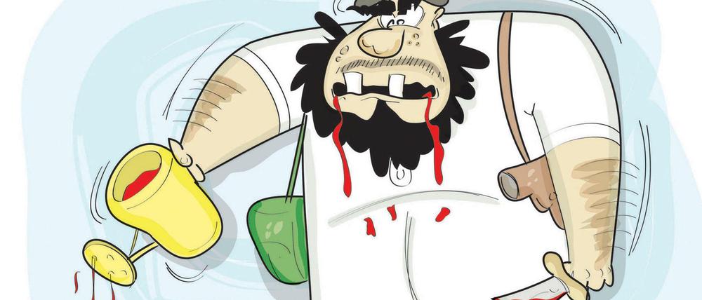 Blut und Boden: Eine Karikatur des ägyptischen Zeichners Ahmed Giassa zeigt einen Dschihadisten, der den aufkeimenden Terror mit dem Blut eines getöten Opfers gießt.