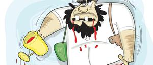 Blut und Boden: Eine Karikatur des ägyptischen Zeichners Ahmed Giassa zeigt einen Dschihadisten, der den aufkeimenden Terror mit dem Blut eines getöten Opfers gießt.