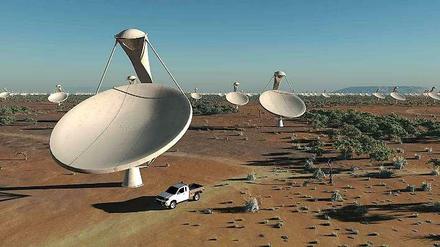 Künstlerische Darstellung der Schüsseln des Square Kilometre Array (SKA). Tausende Empfänger erstrecken sich bis in 3,000 km Entfernung vom Zentrum. 