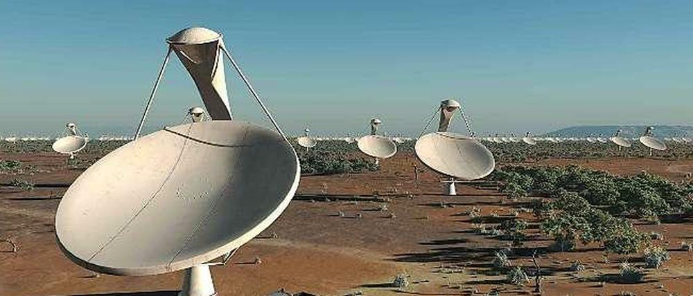 Künstlerische Darstellung der Schüsseln des Square Kilometre Array (SKA). Tausende Empfänger erstrecken sich bis in 3,000 km Entfernung vom Zentrum. 
