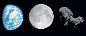 Finsterer Gesell. „67P/Tschurjumow-Gerassimenko“, wie er offiziell heißt, ist schwärzer als Kohle. Die Abbildung (nicht maßstäblich) zeigt, wie die Erde, der Mond und der ferne Komet bei gleicher Beleuchtung aussehen. Die Erde reflektiert 31 Prozent des Lichts, der Mond 12 und Tschuri nur 6 Prozent. 