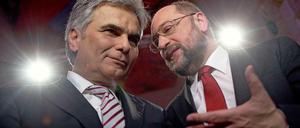 Österreichs Bundeskanzler Werner Faymann (links) und EU-Parlamentschef Martin Schulz setzen sich für eine Begnadigung des Bloggers Raif Badawi ein.