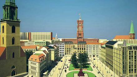 So könnte der Neue Markt aussehen, rekonstruiert auf dem Grundriss, der bis zum Krieg existierte. Links im Bild steht die Marienkirche. In der Mitte des Platzes ist das Luther-Denkmal zu sehen.