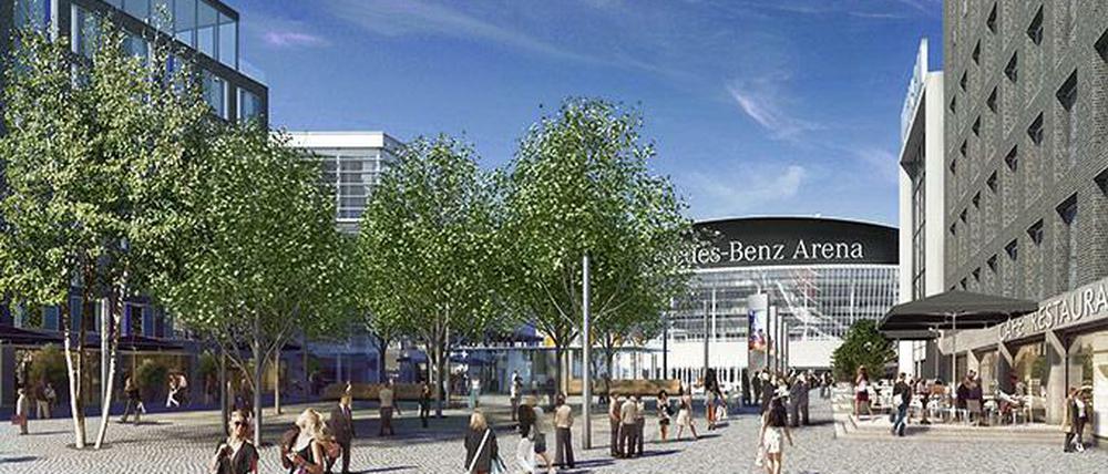 Und so soll's also im Sommer aussehen. Die Bäume blühen schon mal in der Simulation; das kleine Kopfsteinpflaster sieht zumindest schon mal berlinisch aus.