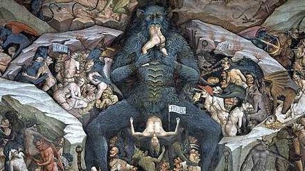 Höllenvision. Fresko aus der Basilika von Bologna aus dem 15. Jahrhundert. 