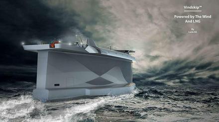 Eine Computer-Illustration zeigt den Entwurf eines Frachtschiffes, das vorwiegend vom Wind angetrieben wird. Der Norweger Terje Lade will damit die Transportschifffahrt umweltfreundlicher machen. 