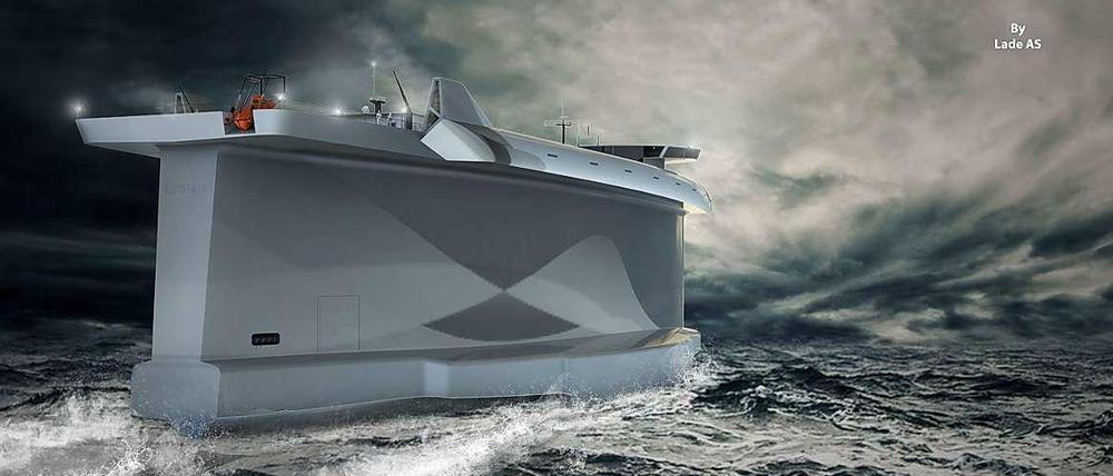 Eine Computer-Illustration zeigt den Entwurf eines Frachtschiffes, das vorwiegend vom Wind angetrieben wird. Der Norweger Terje Lade will damit die Transportschifffahrt umweltfreundlicher machen. 