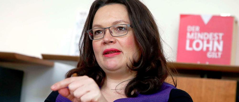 Andreas Nahles, Bundesarbeitsministerin. Sie wolle die Mindestlohn-Regelungen bis zum Sommer überprüfen, sagte sie dem "Tagesspiegel".