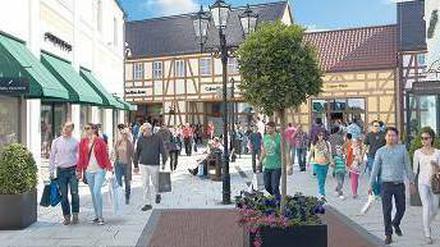 Einkaufsstadt. Das Bild zeigt das Outlet-Center in Elstal (Wustermark).