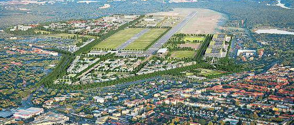 Eine Schneise der Besiedlung. Der vordere Teil des jetzigen Tegeler Flughafengeländes soll für den Wohnungsbau genutzt werden. Das Ganze soll nicht nur der Ausrichtung der Olympischen Spiele dienen, sondern auch den Wohnungsmarkt entlasten.