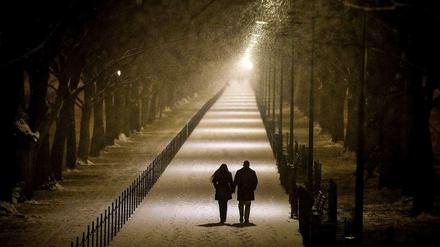 Sieht schön aus, ist aber bitterkalt: Ein Wintersturm hat den Osten der USA eingefroren. Hier zwei Spaziergänger in einem Park in Washington.